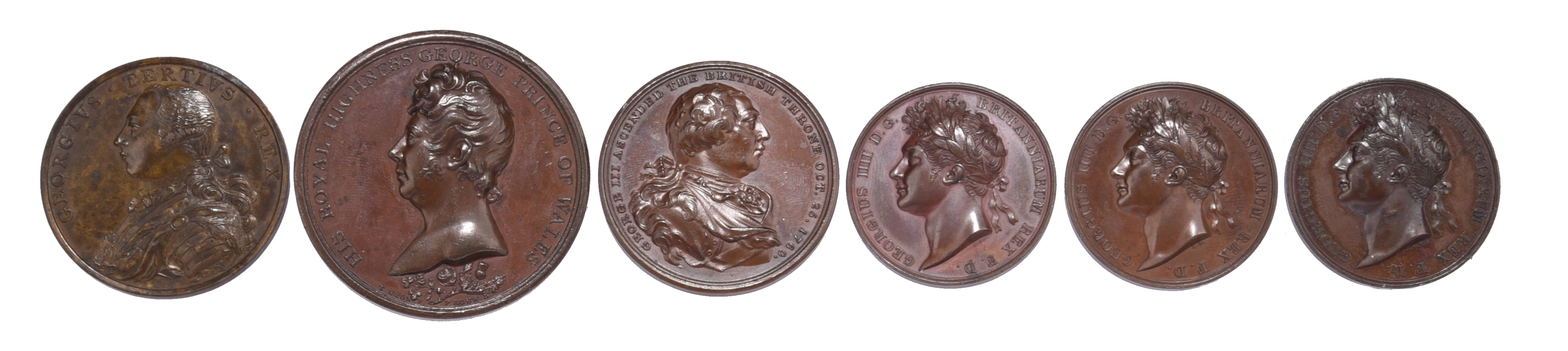 Hanoverian Kings of Britain: six medals, all AE: Accession of George III 1760, 41mm, armoured bust