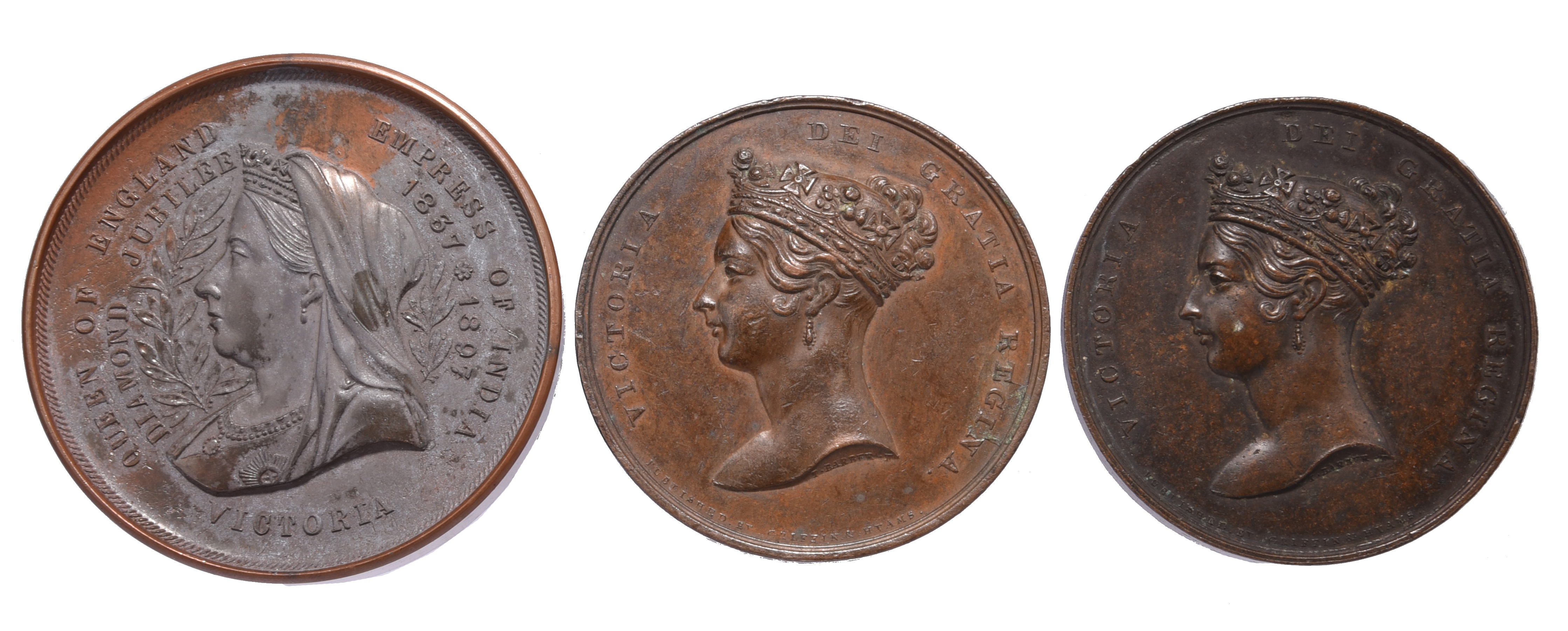 Victoria: three commemorative medals: Visit to the City of London 1837 (2), AE, 61mm, crowned bust