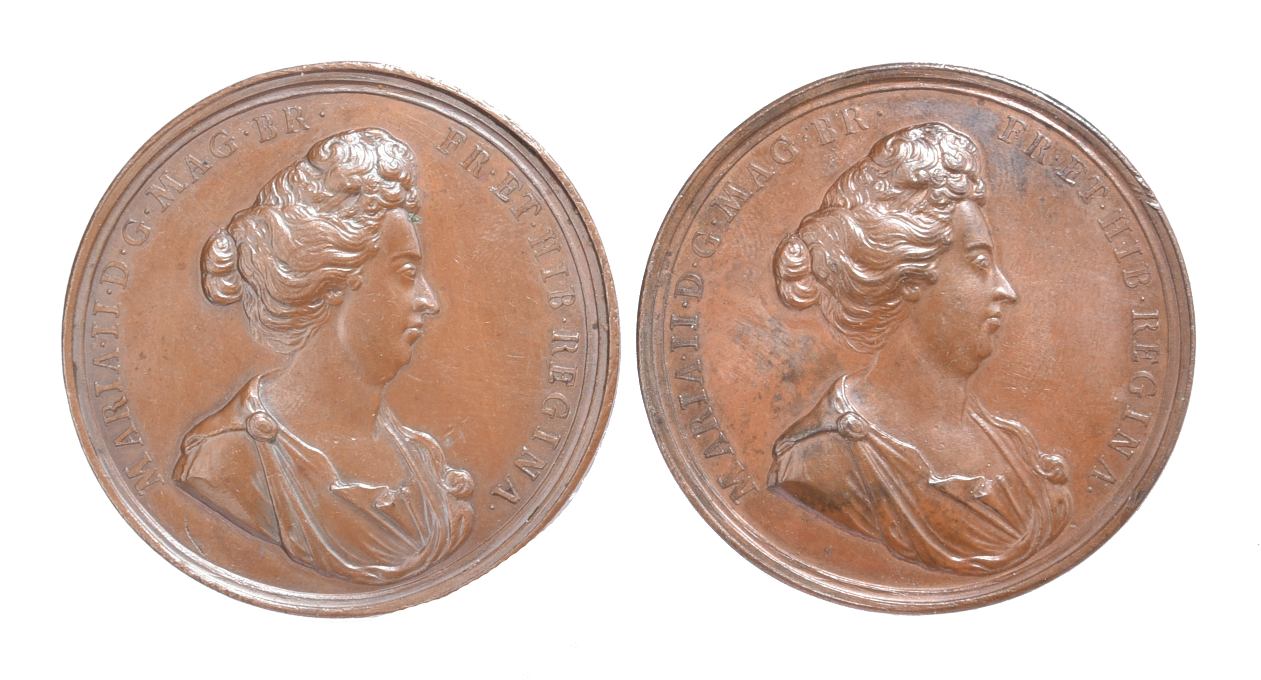 Mary II of England: two medals: Mary as Regent 1690, AE, 49mm, bust right, rev. landscape with