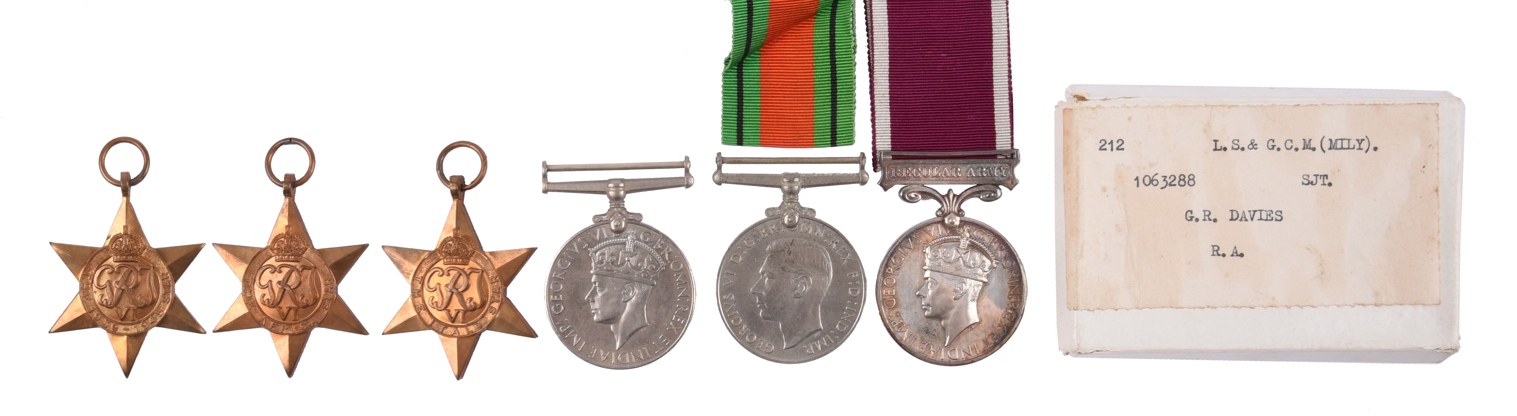 Six medals named or attributed to Sergeant G. R. Davies, Royal Artillery: 1939-45 Star, Africa Star,