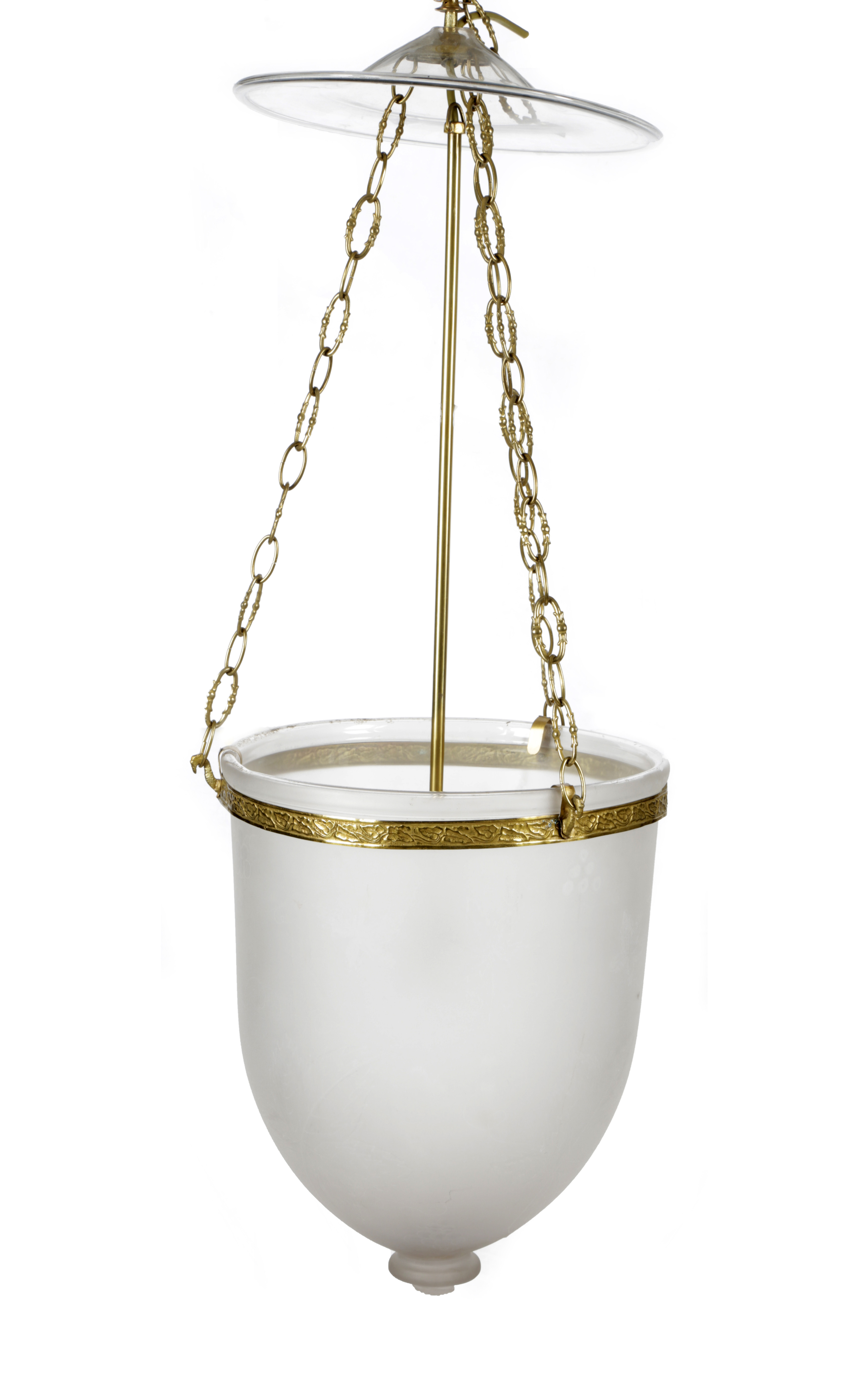 A FROSTED GLASS HALL LANTERN IN REGENCY STYLE with gilt brass bird head mounts and leaf collar, with