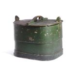 A SCANDINAVIAN GREEN PAINTED PINE BENTWOOD BOX LATE 19TH CENTURY the lid pierced with a handgrip,