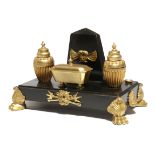 A REGENCY GILT AND PATINATED BRONZE INKSTAND EARLY 19TH CENTURY decorated with applied classical