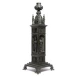 A REGENCY PATINATED BRONZE GOTHIC REVIVAL LAMP BASE IN THE MANNER OF JEFFRY WYATVILLE, EARLY 19TH