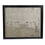 A GEORGE IV NEEDLEWORK SAMPLER BY ALICE MERCER worked with a country house, a shepherdess with her