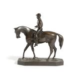 A FRENCH BRONZED ELECTROTYPE EQUESTRIAN GROUP LATE 19TH CENTURY of a horse and jockey 20.6cm high,