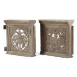 A PAIR OF OAK GOTHIC REVIVAL ALTAR GATES 19TH CENTURY one carved with a bird feeding her chicks