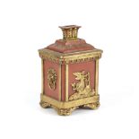 A PAINTED TERRACOTTA TOBACCO BOX AND COVER IN REGENCY STYLE with gilt highlights, the lid