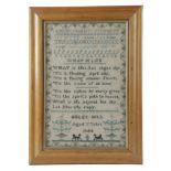AN EARLY VICTORIAN NEEDLEWORK SAMPLER BY HELEN HILL worked with alphabets, numbers and a verse 'What