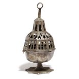 A WHITE METAL INCENSE BURNER IN GOTHIC STYLE with a pierced hinged lid 24cm high