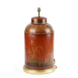 A REGENCY RED JAPANNED TOLE TEA CANISTER LAMP EARLY 19TH CENTURY decorated in gilt with