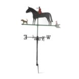 A FOLK ART PAINTED SHEET METAL AND IRON HUNTING WEATHER VANE EARLY 20TH CENTURY with a huntsman on