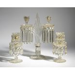 A PAIR OF CUT GLASS TABLE LUSTRES 19TH CENTURY each with two tiers hung with faceted pear shapes,