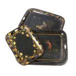 THREE REGENCY BLACK JAPANNED TOLE TRAYS EARLY 19TH CENTURY each pierced with handgrips, one
