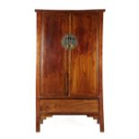 A CHINESE ELM CUPBOARD LATE QING DYNASTY of panelled construction, with a pair of doors with a brass