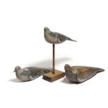 THREE FOLK ART CARVED AND PAINTED PINE DECOY PIGEONS LATE 19TH / EARLY 20TH CENTURY one mounted on a