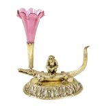 A VICTORIAN GILT BRONZE POSY HOLDER C.1860 modelled with a monkey sat on the back of a crocodile,