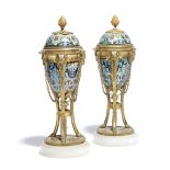 A PAIR OF FRENCH GILT BRONZE AND CHAMPLEVE ENAMEL CASSOLETTES IN LOUIS XVI STYLE, LATE 19TH