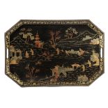 A REGENCY BLACK LACQUER PAPIER-MACHE TRAY EARLY 19TH CENTURY decorated in gilt and red with a