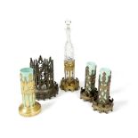 FIVE BRASS AND BRONZE GOTHIC REVIVAL SPILL VASES / BOTTLE HOLDERS FIRST HALF 19TH CENTURY gilt and