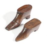 TWO TREEN SNUFF SHOES 19TH CENTURY each with brass tack inlay and sliding covers, one decorated with