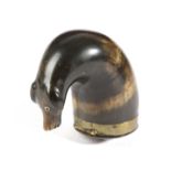 A SCOTTISH HORN AND BRASS MOUNTED ZOOMORPHIC SNUFF MULL EARLY 19TH CENTURY in the form of a dog's