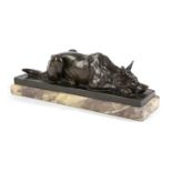 A FRENCH BRONZE ANIEMALIER FIGURE OF A RECUMBENT ALSATIAN DOG BY LOUIS RICHE (FRENCH 1877-1949)