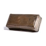 A DUTCH BRASS AND COPPER TOBACCO BOX 18TH CENTURY engraved with scrolling leaf borders, the hinged