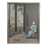 A CHINESE SCHOOL GOUACHE PAINTING LATE 18TH / EARLY 19TH CENTURY depicting a courtier seated on a