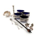 A mixed lot of silver items, comprising: a George II punch ladle, London 1746, lobed oval bowl,