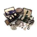 A mixed lot of silver items, various dates and makers, comprising: a cigarette box, a cased three-