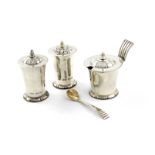 By R. E. Stone, a three-piece Art Deco silver condiment set, London 1938, tapering circular form,