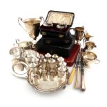 A mixed lot of silver items, various dates and makers, comprising: a waiter of circular form,