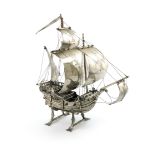 A Portuguese silver model of a 16th century Portuguese galleon, Oporto, post 1938 mark, with three