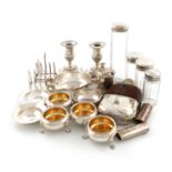 A mixed lot of silver items, various dates and makers, comprising: a pair of dwarf candlesticks,