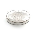 An 18th century silver snuff box, struck five times with maker's mark R.C, oval form the hinged