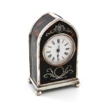 λAn Edwardian silver mantle clock, by William Comyns, London 1906, arched upright form, inlaid