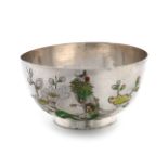 A Chinese silver and enamel bowl, the underside with Chinese characters, circular form, with vari-