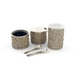 By Graham Watling, a modern three-piece condiment set, London 1978, cylindrical form, textured