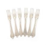 A set of six Queen Anne silver table forks, by John Broake, London 1703, three-pronged tines, the