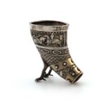An unmarked drinking horn, probably late 19th century, in the William Burges manner, the horn chased