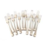 A matched set of twelve George II silver Hanoverian pattern table forks, eight by James Seabrook,