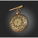 A mid 19th century three-colour gold and gem-set open-faced pocket watch, the circular engine-turned