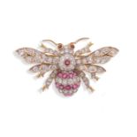 A ruby and diamond-set bee brooch, set with round brilliant-cut diamonds and circular-cut rubies