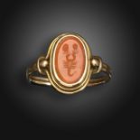 A Roman sardonyx intaglio-set gold ring, the intaglio depicting the astrological sign Cancer with