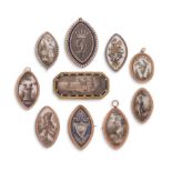 Ten late 18th century glazed mourning lockets and brooches, depicting various mourning scenes or