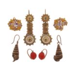 Four pairs of antique gold earrings, including a pair of topaz mounted gold cannetille earrings (