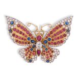 A gem-set butterfly brooch, set with round brilliant-cut diamonds, circular-cut and pear-shaped