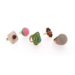 A collection of five gem-set gold rings, including a diamond-set bombe ring, size N, a tourmaline-