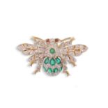 An emerald and diamond-set bee brooch, set with round brilliant-cut diamonds and circular-cut
